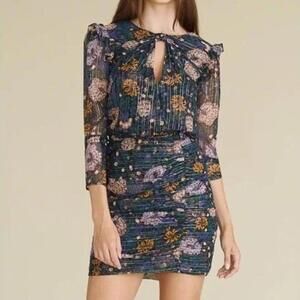 Veronica Beard Peppa Floral Metallic Silk Chiffon Ruffle Mini Dress Size 0 Used